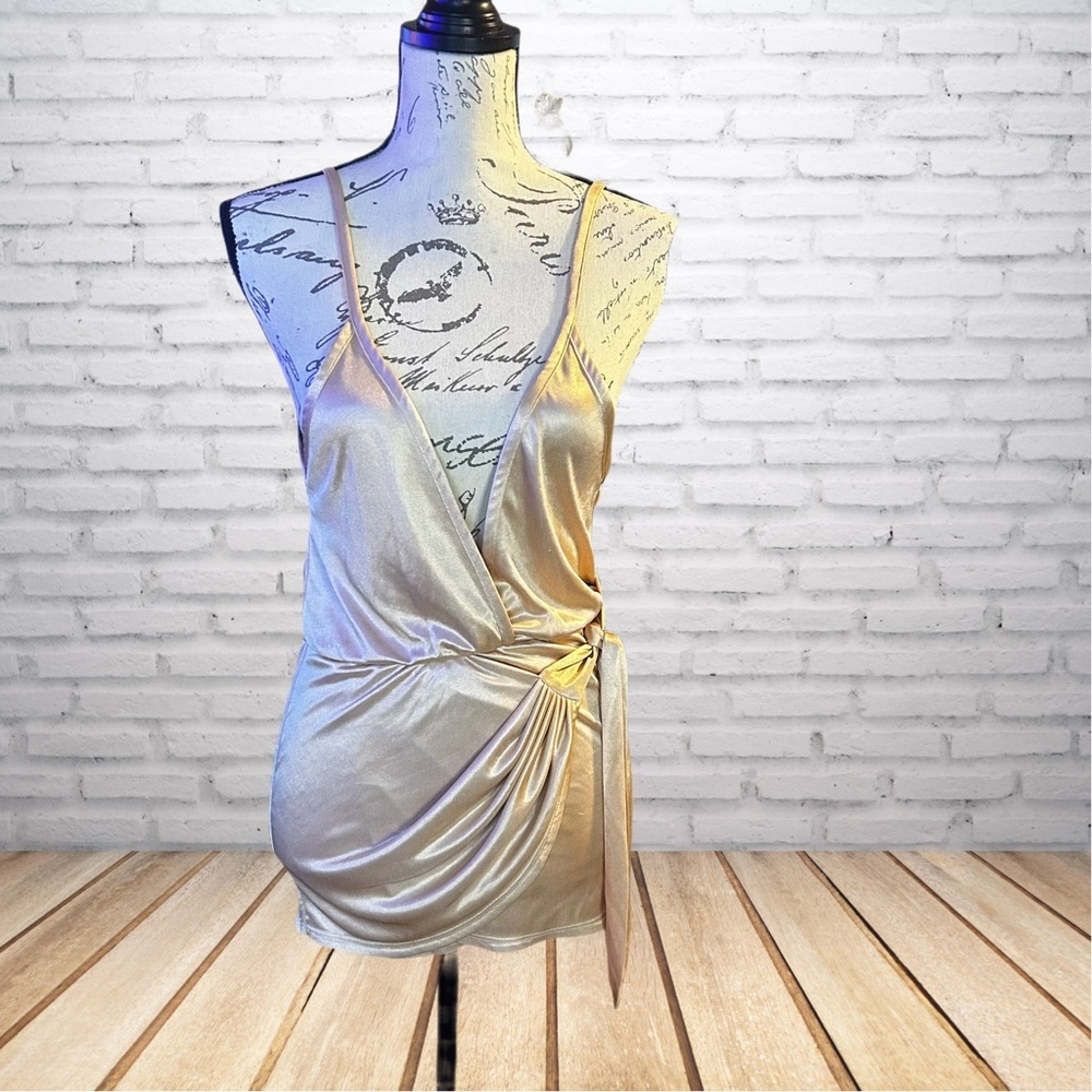 Oh Polly Metallic Gold Wrap-Front Mini Dress